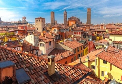 Aerial view of towers and roofs in Bologna, Italy