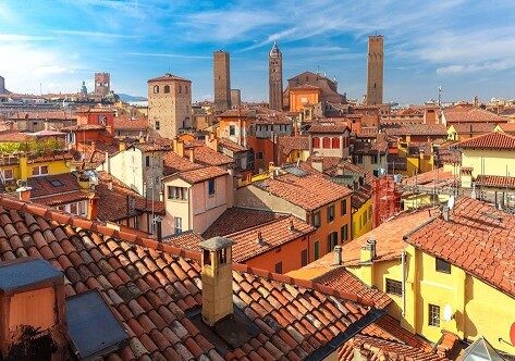 Aerial view of towers and roofs in Bologna, Italy